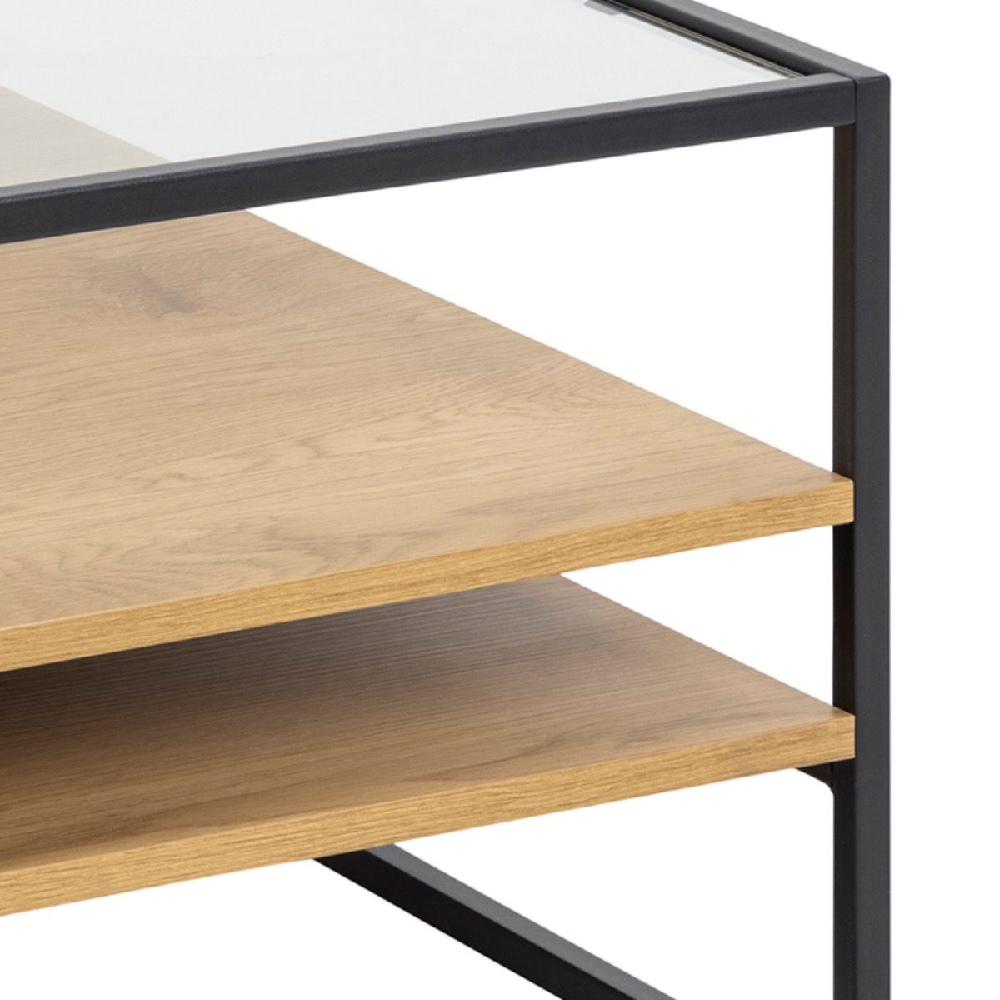 Regina Glass Top Coffee Table With Oak Shelves And Metal Frame