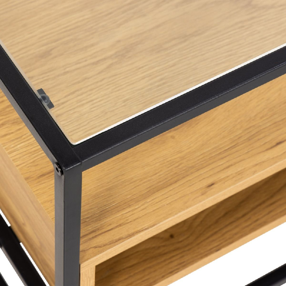 Regina Glass Top TV Stand With Oak Shelves And Black Metal Frame