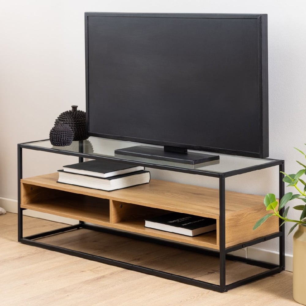 Read more about Regina glass top tv stand with oak shelves and black metal frame