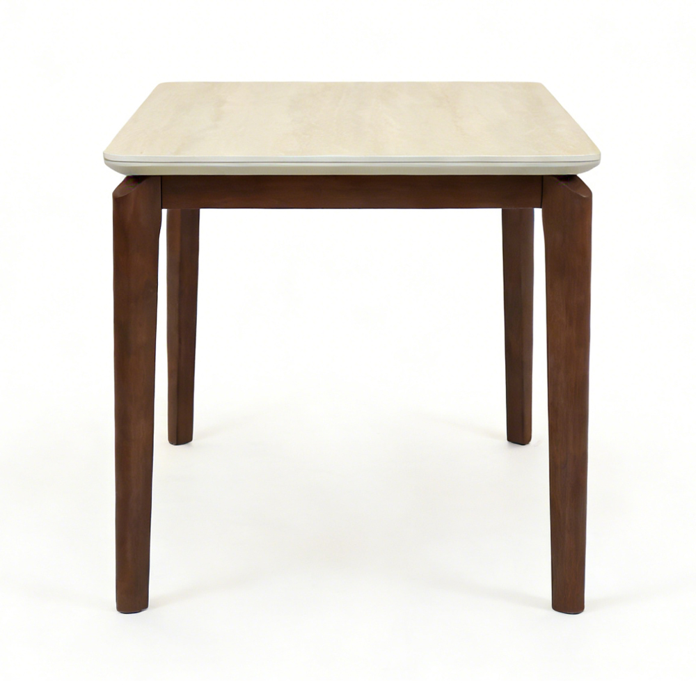 Relmira Small Travertine Marble Effect Sintered Stone Top Dining Table with Walnut Base