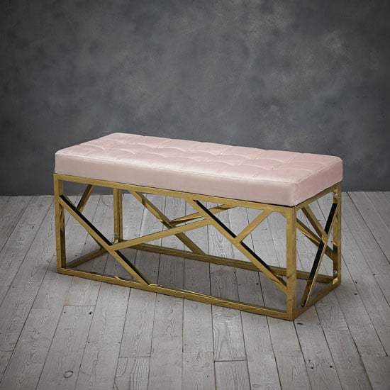 Ruthin Fabric Dining Bench In Pink With Gold Frame