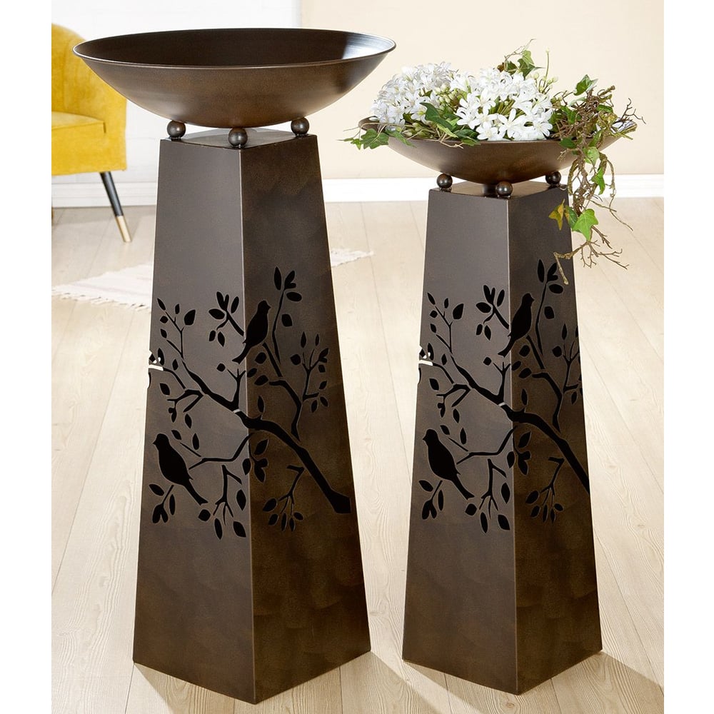 Renee Metal Set Of 2 Bird Design Bowl Stand In Brown