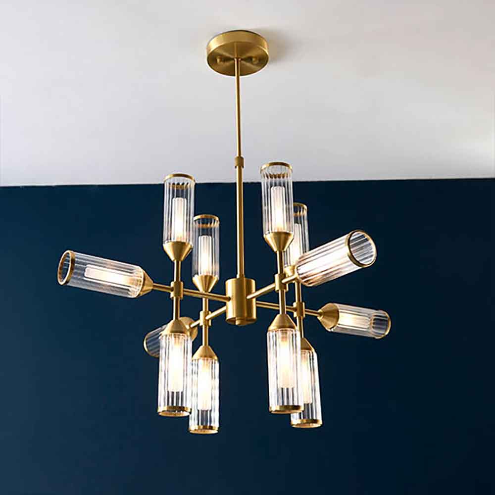 Reno 12 Light Ribbed Glass Pendant Ceiling Light In Satin Brass