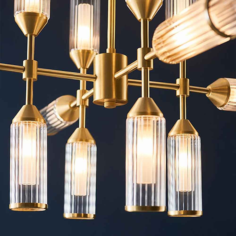 Reno 12 Light Ribbed Glass Pendant Ceiling Light In Satin Brass