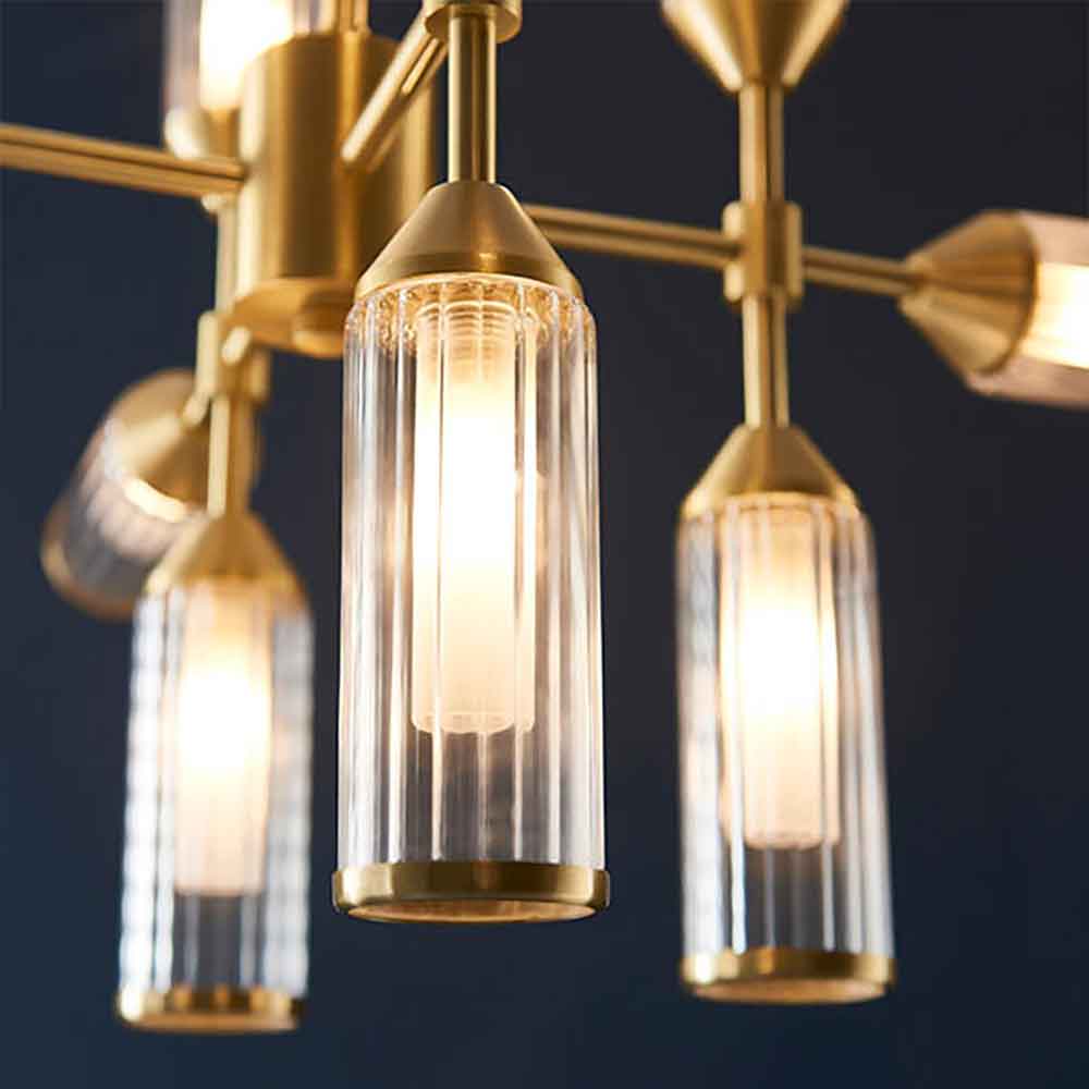 Reno 12 Light Ribbed Glass Pendant Ceiling Light In Satin Brass