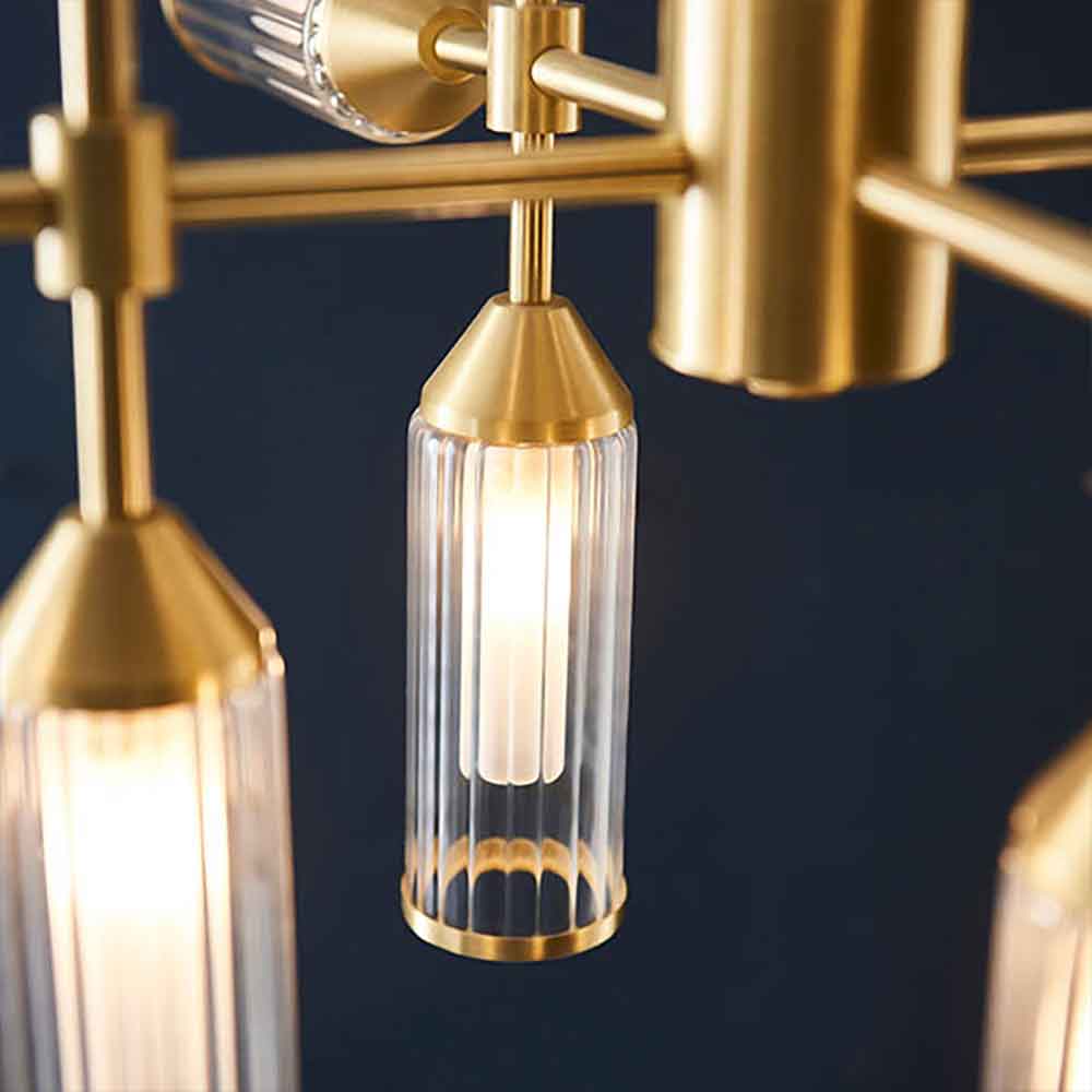 Reno 12 Light Ribbed Glass Pendant Ceiling Light In Satin Brass