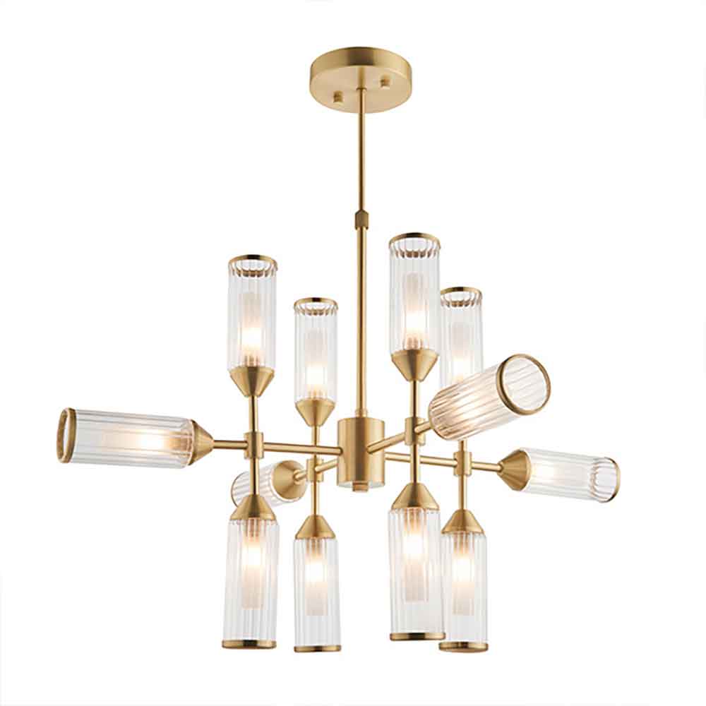 Reno 12 Light Ribbed Glass Pendant Ceiling Light In Satin Brass