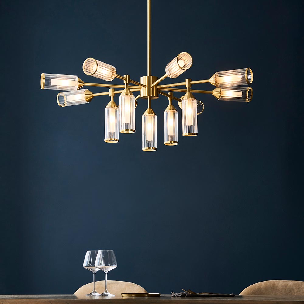 Reno 13 Light Ribbed Glass Pendant Ceiling Light In Satin Brass