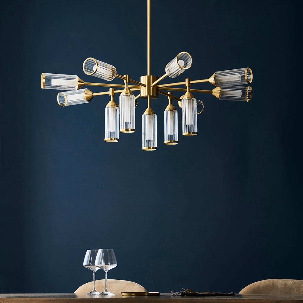 Reno 13 Light Ribbed Glass Pendant Ceiling Light In Satin Brass