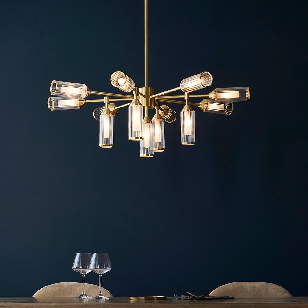 Reno 13 Light Ribbed Glass Pendant Ceiling Light In Satin Brass