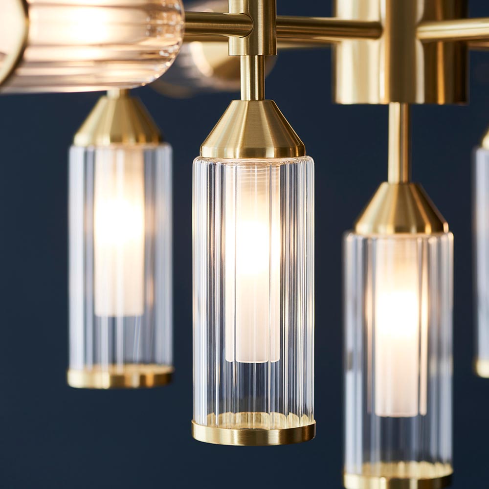 Reno 13 Light Ribbed Glass Pendant Ceiling Light In Satin Brass