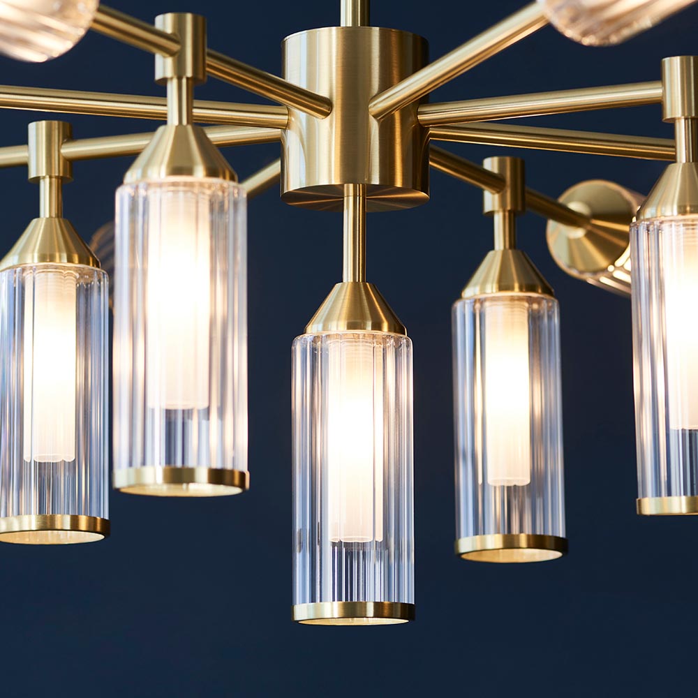 Reno 13 Light Ribbed Glass Pendant Ceiling Light In Satin Brass