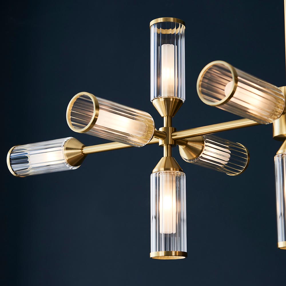 Reno 13 Light Ribbed Glass Pendant Ceiling Light In Satin Brass