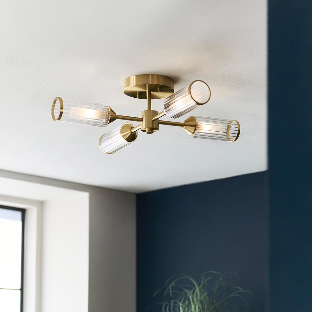 Reno 4 Light Ribbed Glass Semi Flush Light In Satin Brass