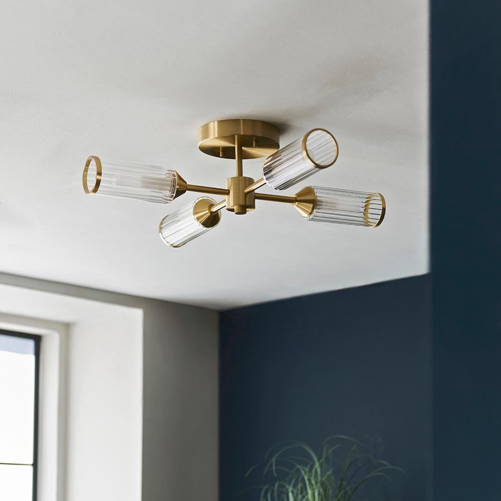 Reno 4 Light Ribbed Glass Semi Flush Light In Satin Brass