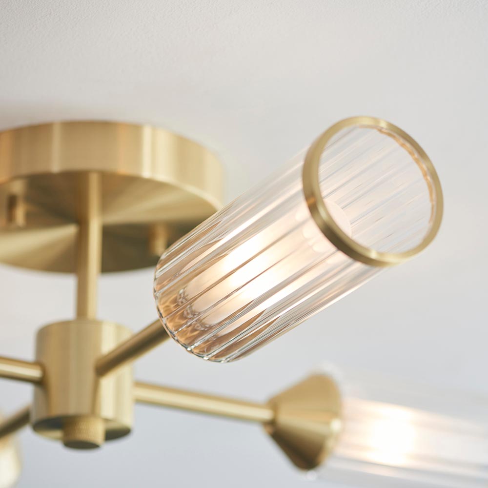 Reno 4 Light Ribbed Glass Semi Flush Light In Satin Brass