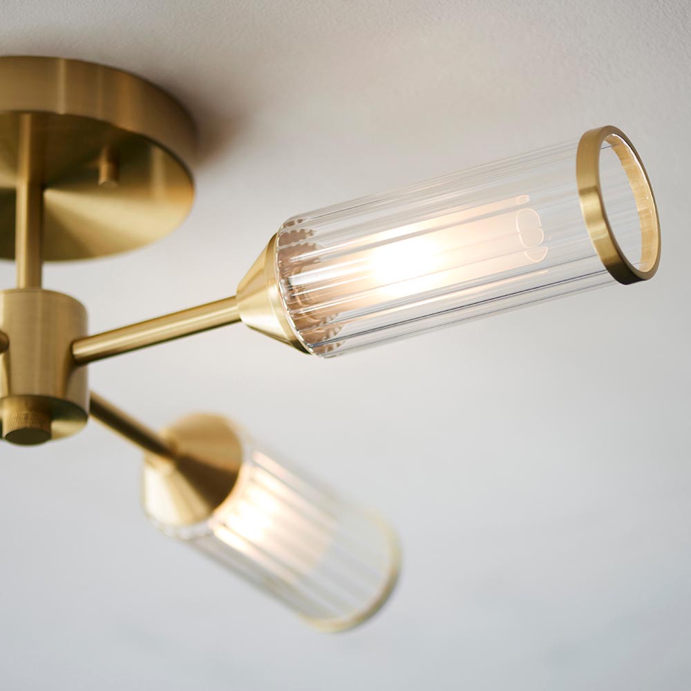 Reno 4 Light Ribbed Glass Semi Flush Light In Satin Brass