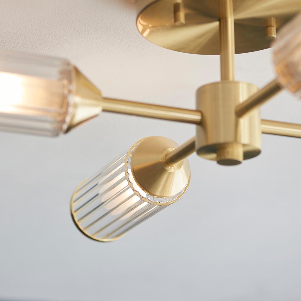 Reno 4 Light Ribbed Glass Semi Flush Light In Satin Brass