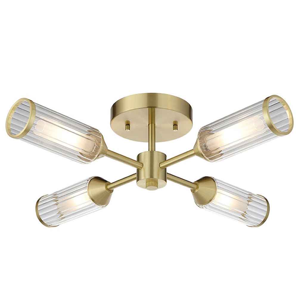 Reno 4 Light Ribbed Glass Semi Flush Light In Satin Brass