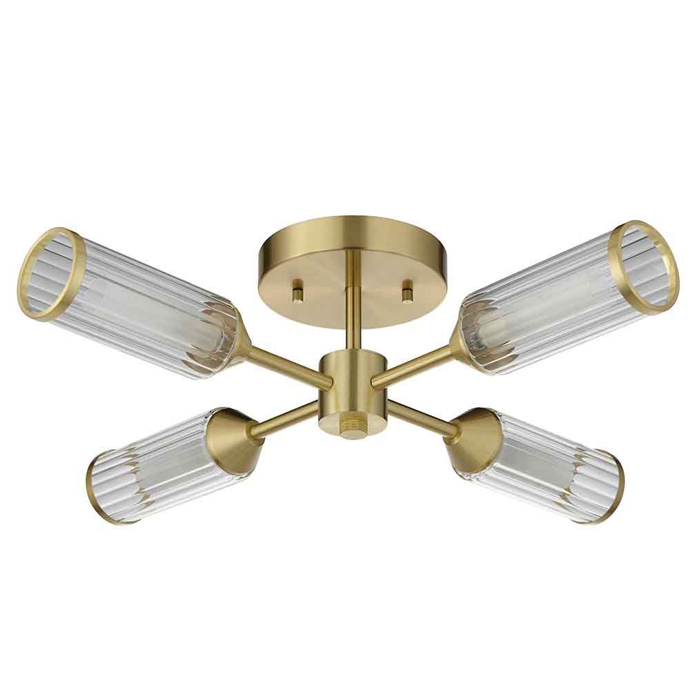 Reno 4 Light Ribbed Glass Semi Flush Light In Satin Brass