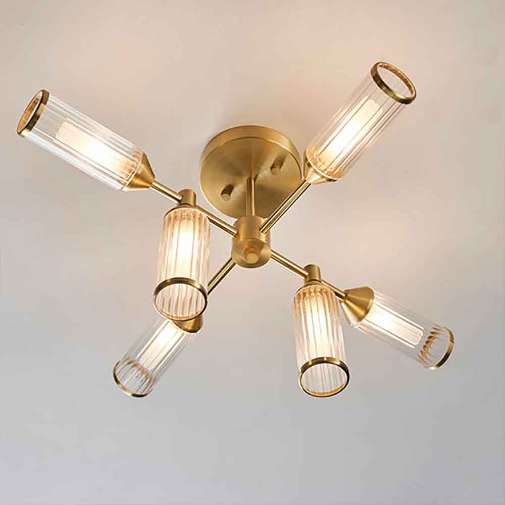 Reno 6 Light Ribbed Glass Semi Flush Light In Satin Brass
