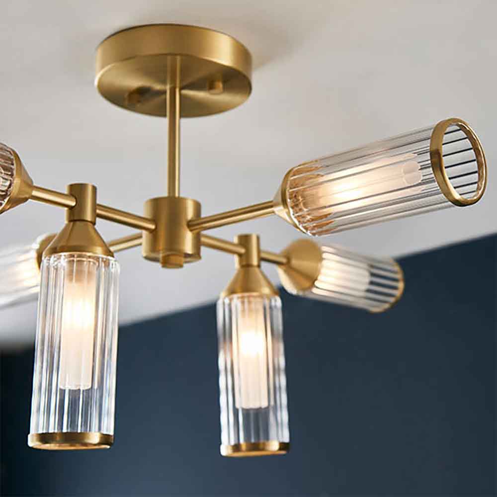 Reno 6 Light Ribbed Glass Semi Flush Light In Satin Brass