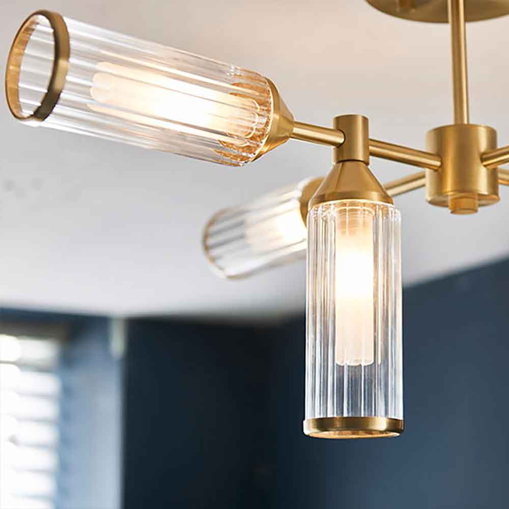 Reno 6 Light Ribbed Glass Semi Flush Light In Satin Brass
