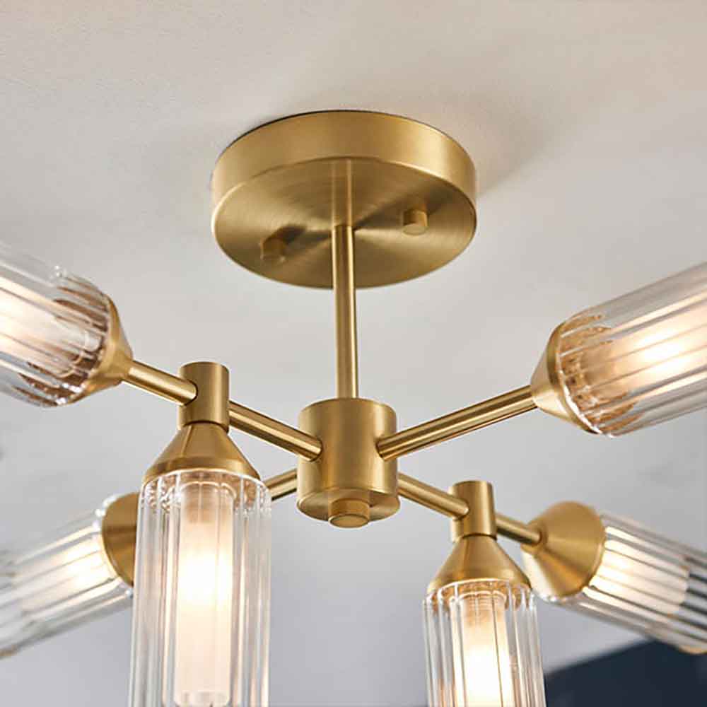 Reno 6 Light Ribbed Glass Semi Flush Light In Satin Brass