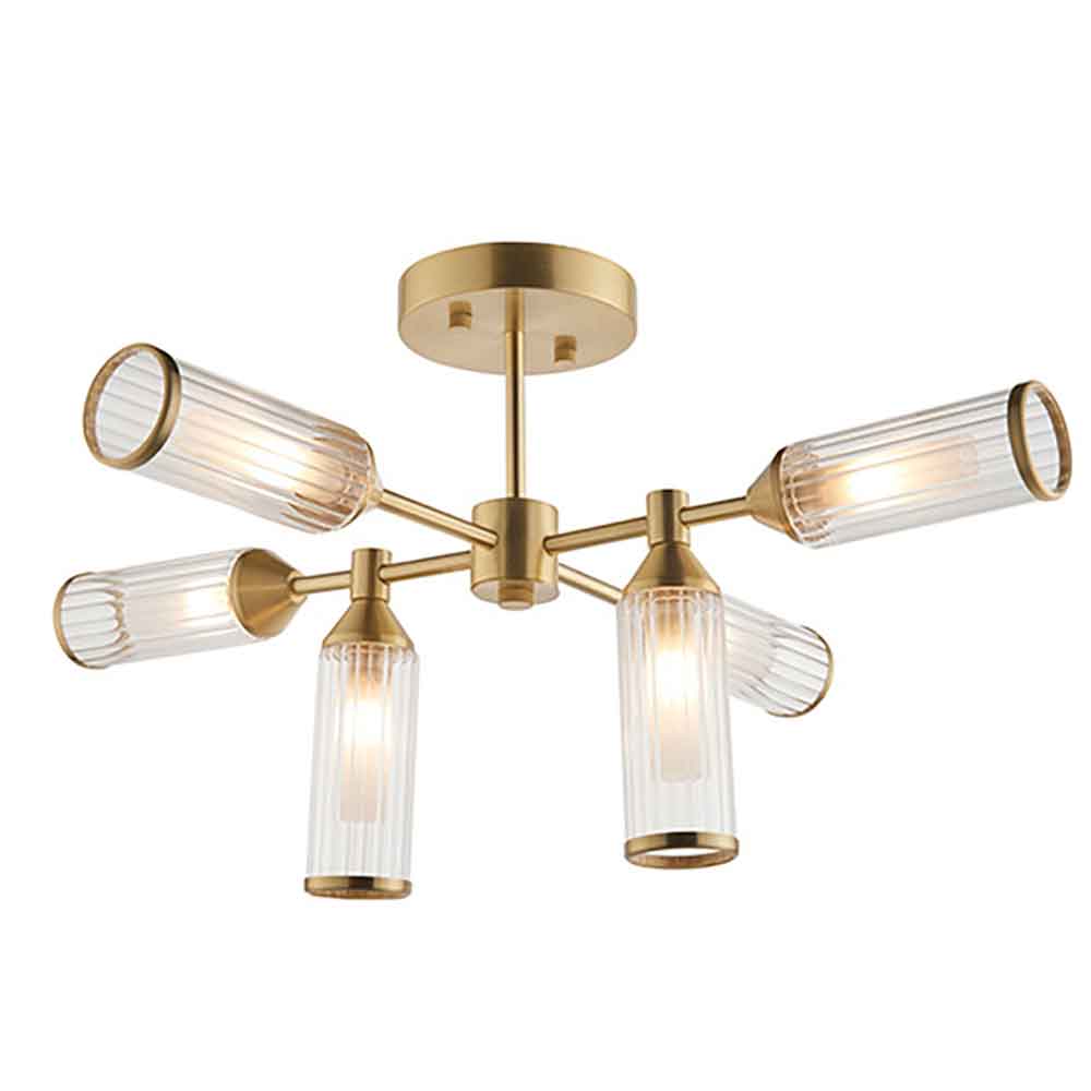 Reno 6 Light Ribbed Glass Semi Flush Light In Satin Brass