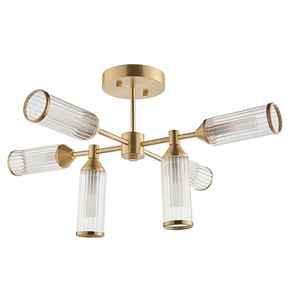 Reno 6 Light Ribbed Glass Semi Flush Light In Satin Brass