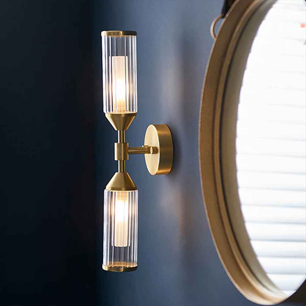 Reno Double Ribbed Glass Wall Light In Satin Brass