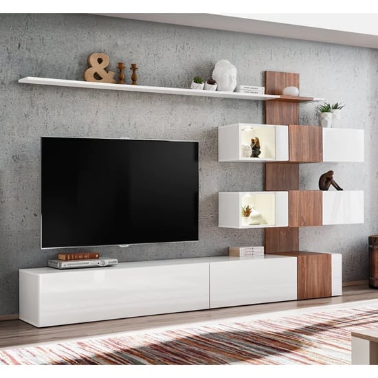 Product photograph of Reno Gloss Entertainment Unit In White And Sterling Oak With Led from Furniture in Fashion