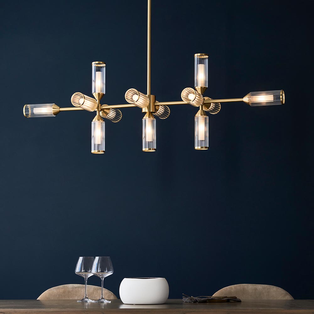 Reno Ribbed Glass Linear Pendant Ceiling Light In Satin Brass