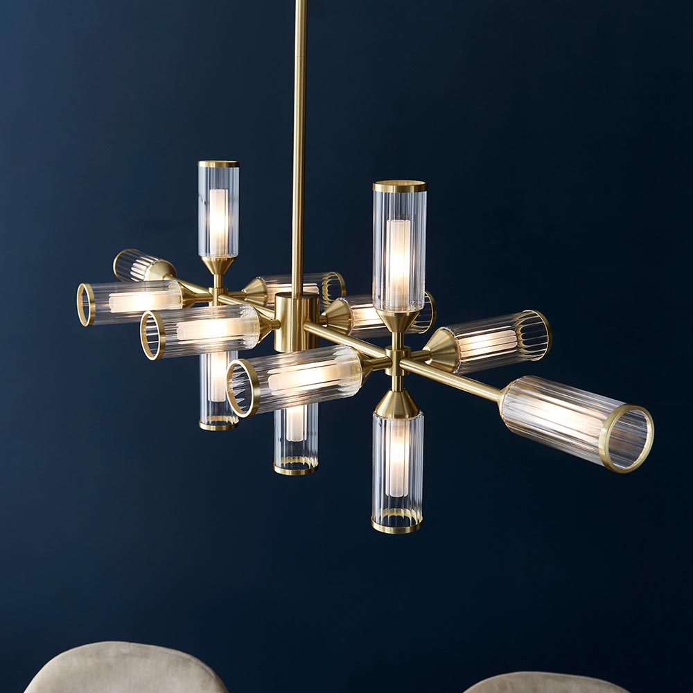Reno Ribbed Glass Linear Pendant Ceiling Light In Satin Brass