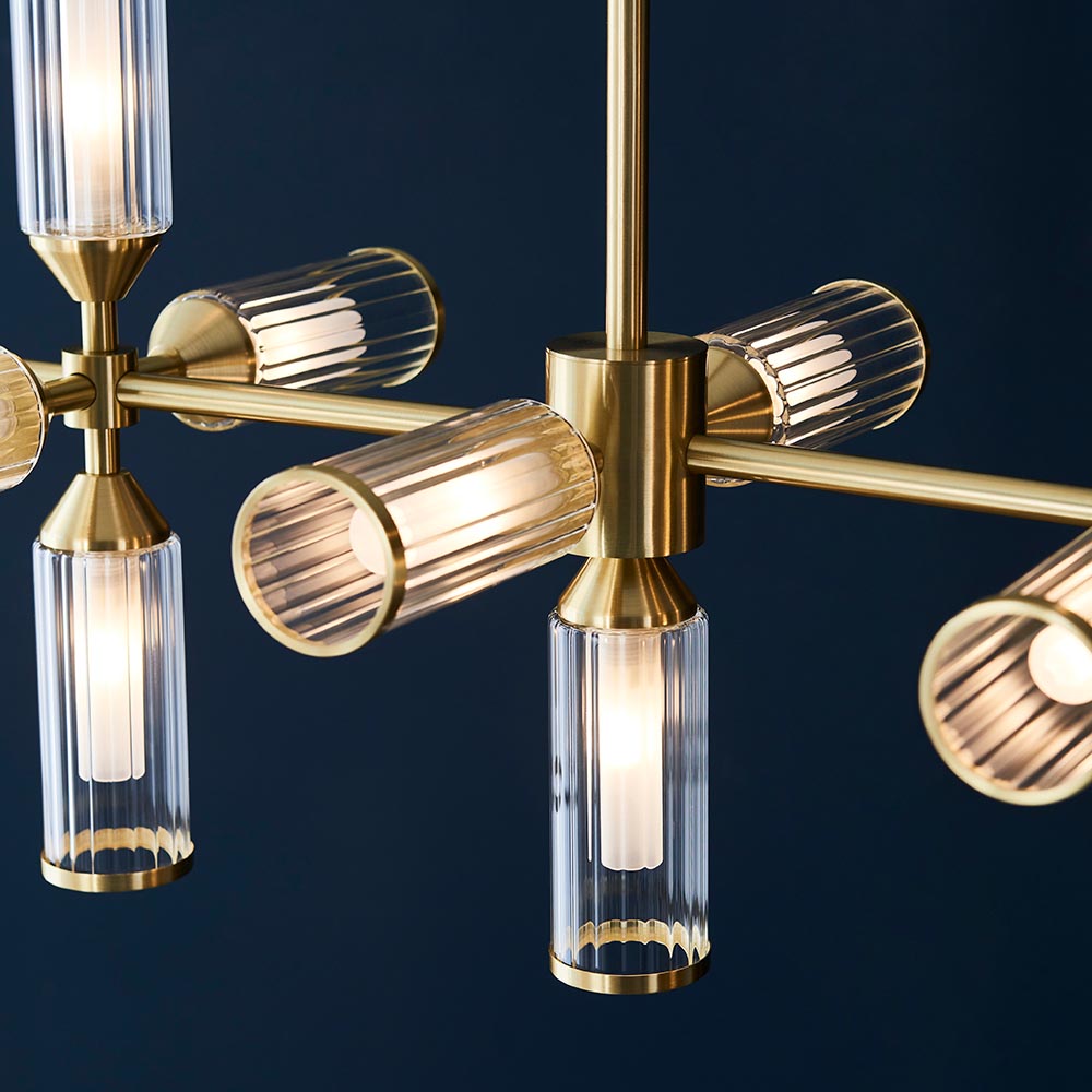 Reno Ribbed Glass Linear Pendant Ceiling Light In Satin Brass
