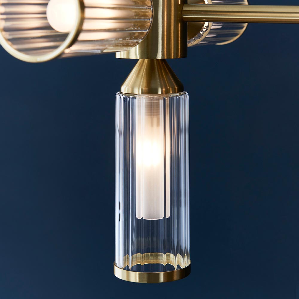 Reno Ribbed Glass Linear Pendant Ceiling Light In Satin Brass