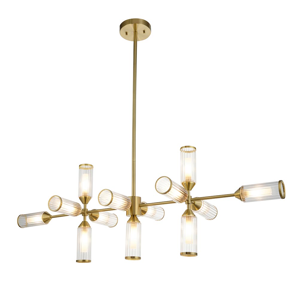 Reno Ribbed Glass Linear Pendant Ceiling Light In Satin Brass