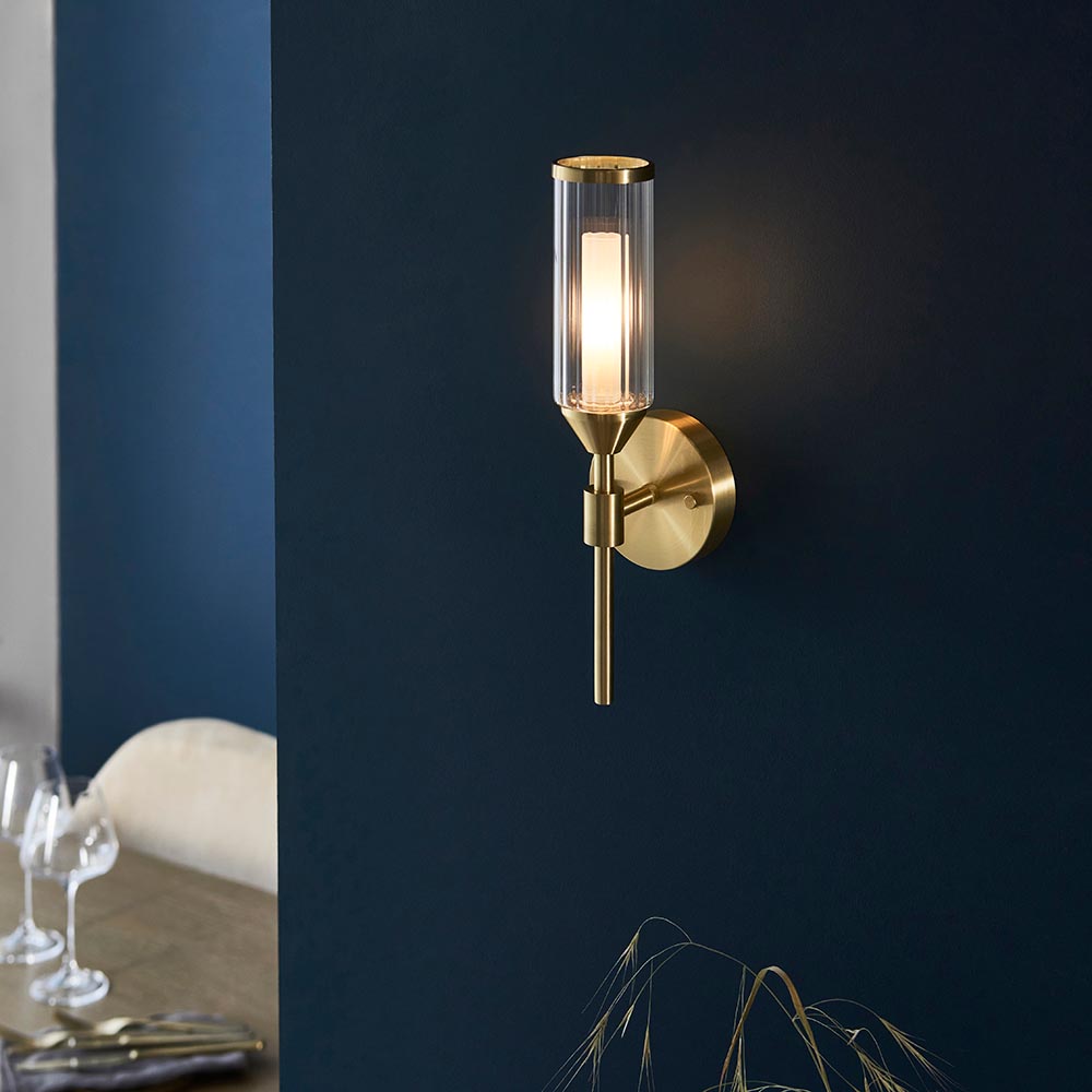Reno Ribbed Glass Wall Light In Satin Brass