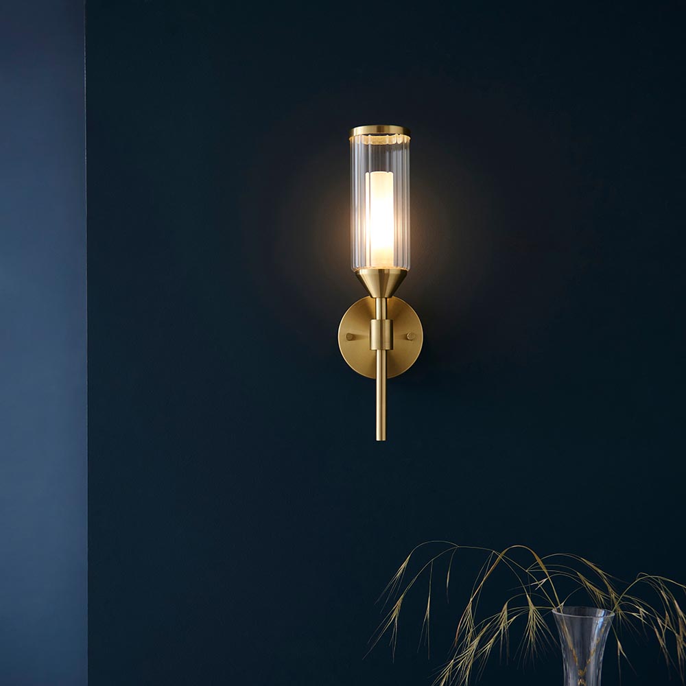 Reno Ribbed Glass Wall Light In Satin Brass