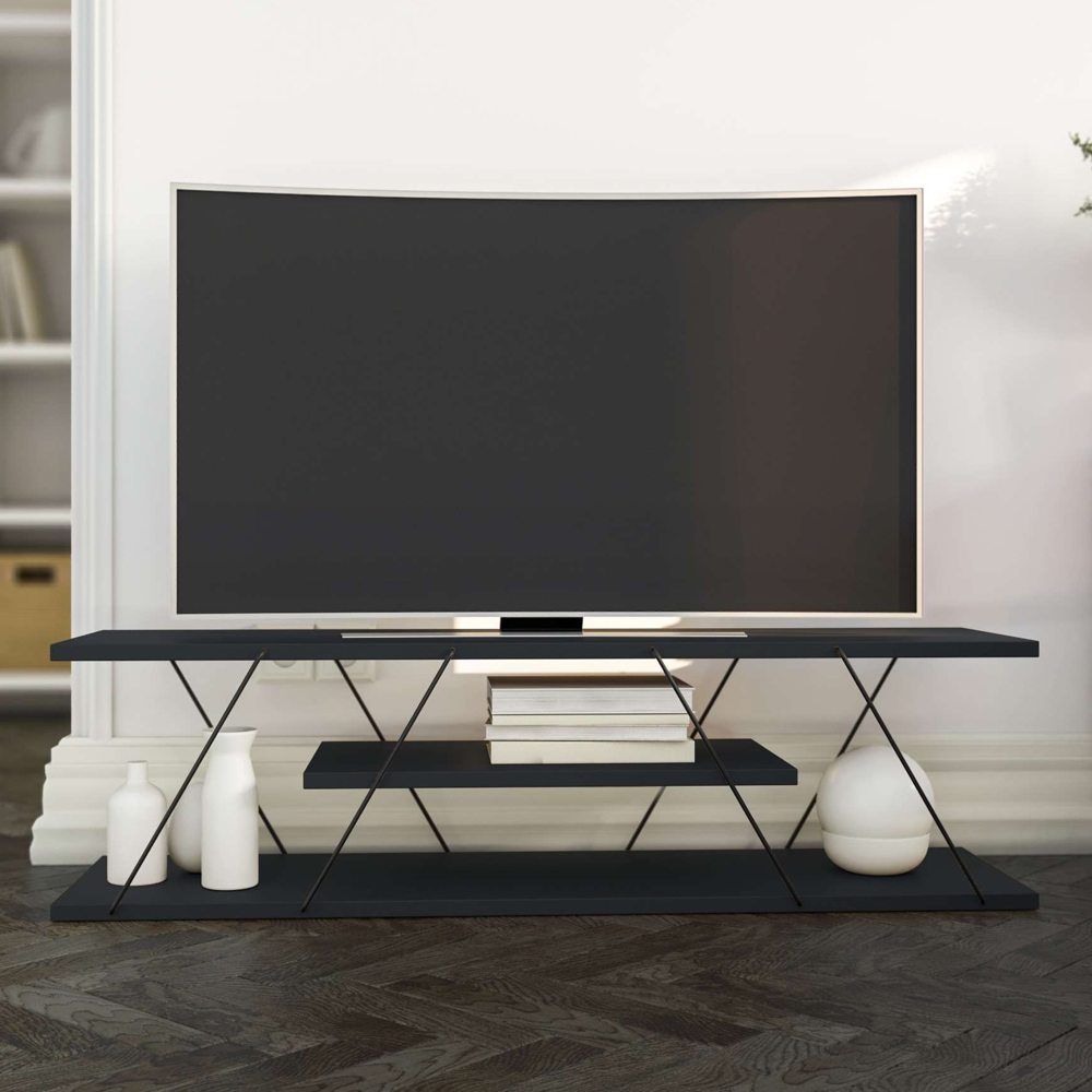 Renova Large Wooden TV Stand With 2 Shelves In Anthracite And Grey