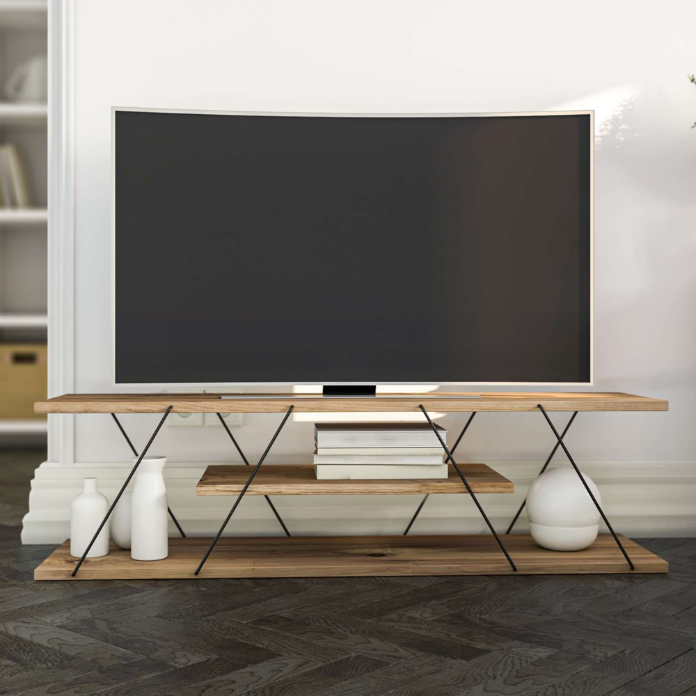 Renova Large Wooden TV Stand With 2 Shelves In Walnut And Gold