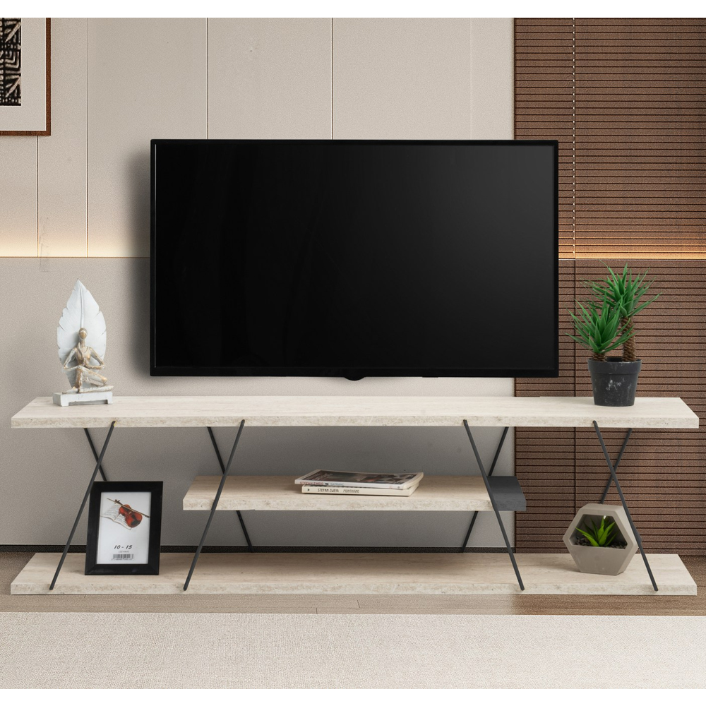 Renova Small Wooden TV Stand With 2 Shelves In Travertine Marble Effect And Black