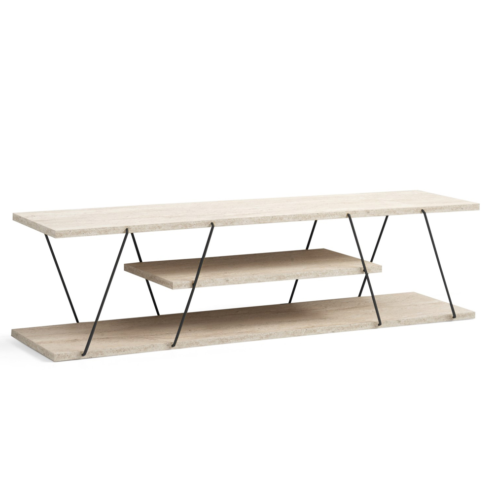Renova Small Wooden TV Stand With 2 Shelves In Travertine Marble Effect And Black