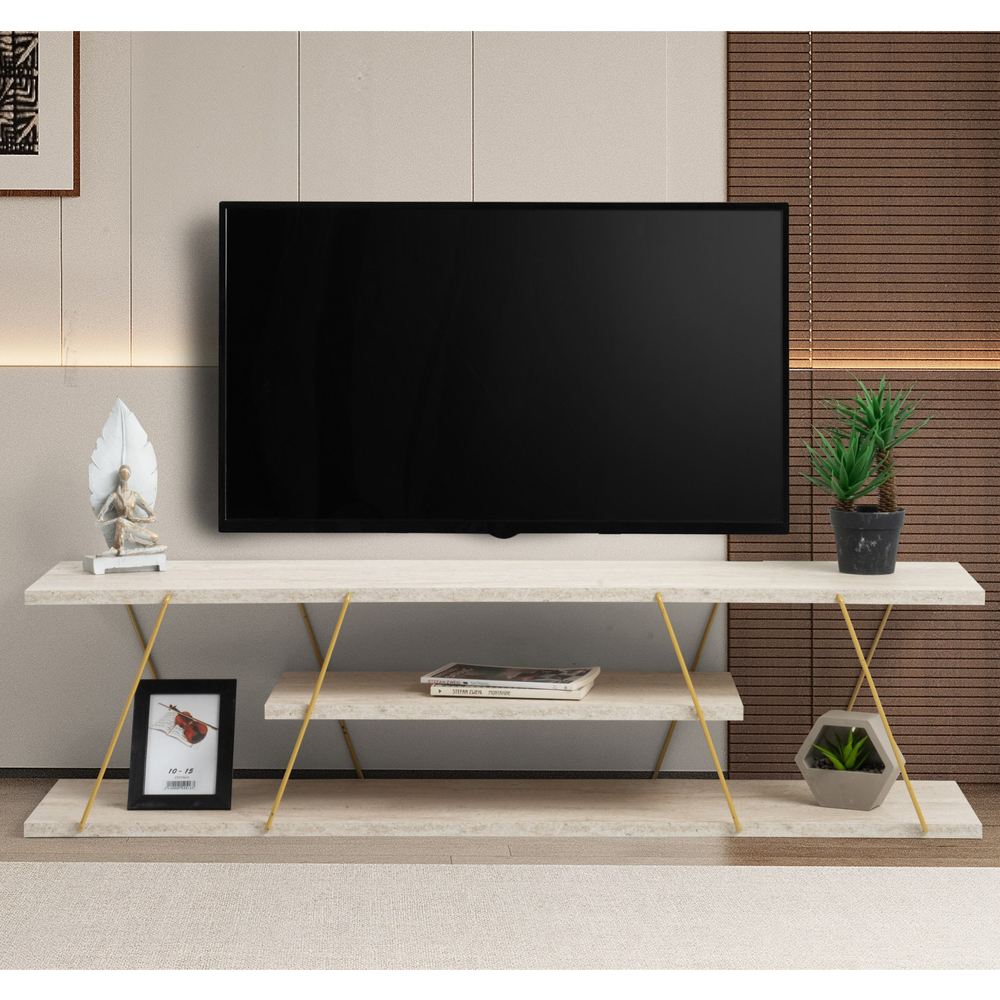 Renova Small Wooden TV Stand With 2 Shelves In Travertine Marble Effect And Gold