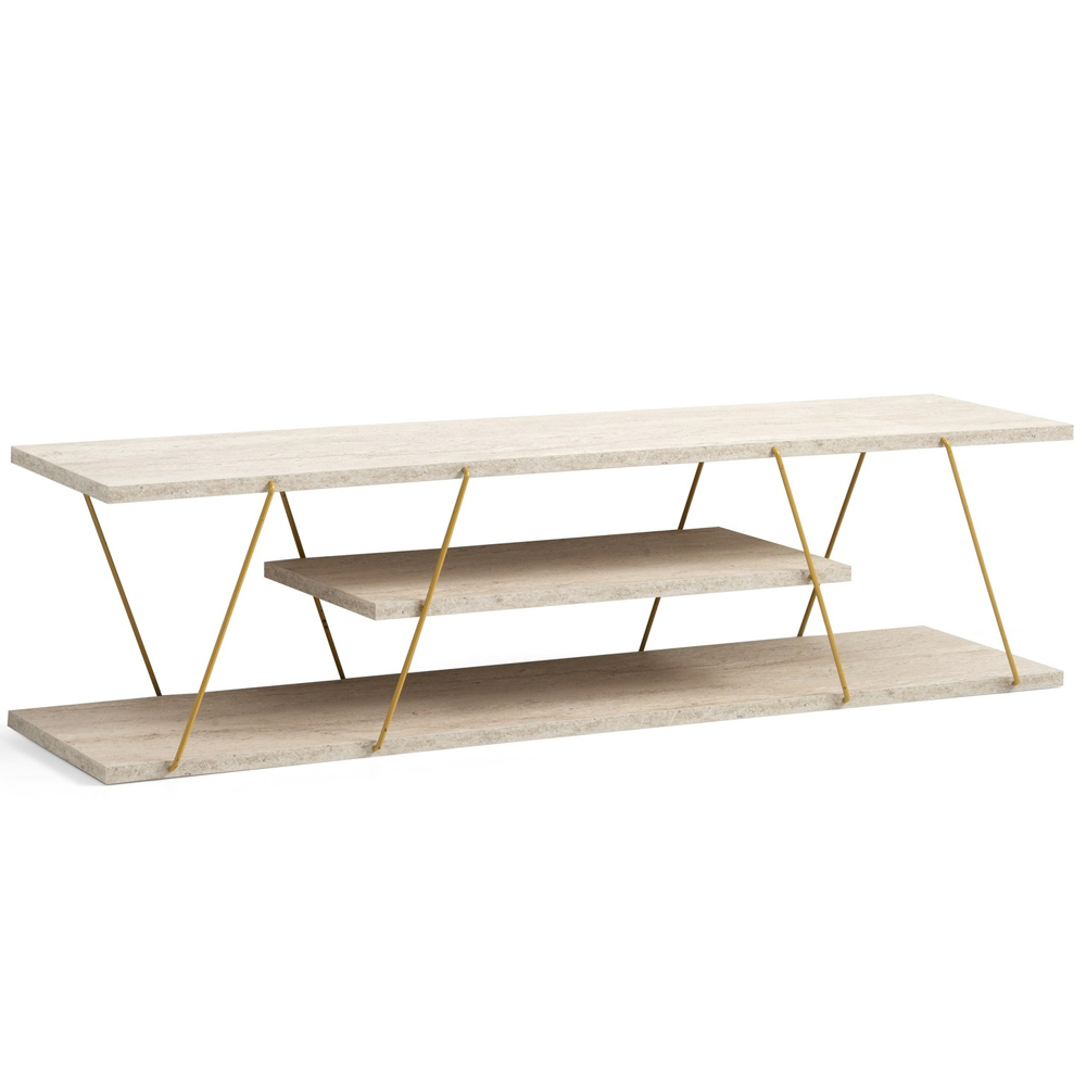 Renova Small Wooden TV Stand With 2 Shelves In Travertine Marble Effect And Gold