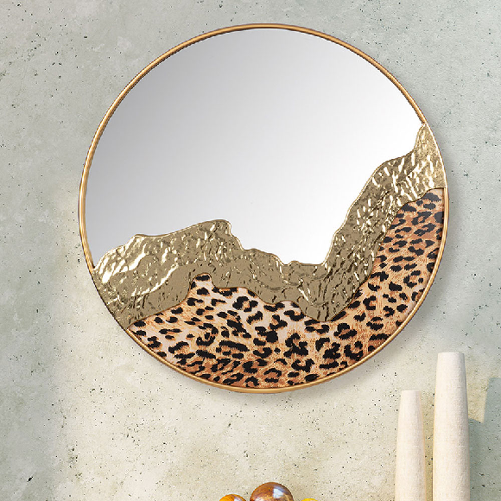 Renvor Metal Round Leopard Design Mirror in Black and Gold