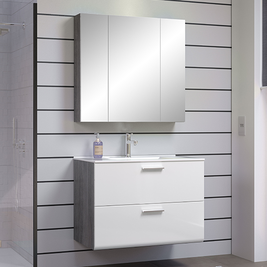 Photo of Reus wall hung gloss bathroom furniture set 2 in smokey silver