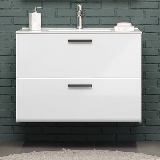 Photo of Reus wall hung high gloss vanity unit with 2 drawers in white