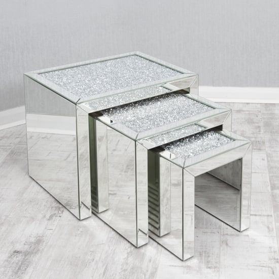 Product photograph of Reyn Crushed Glass Top Nest Of 3 Tables In Mirrored from Furniture in Fashion