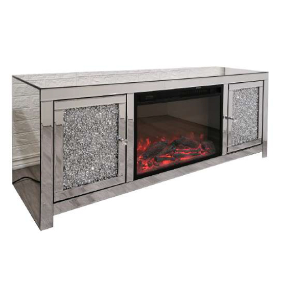 Product photograph of Reyn Crushed Glass Tv Stand With Fire And 2 Doors In Mirrored from Furniture in Fashion